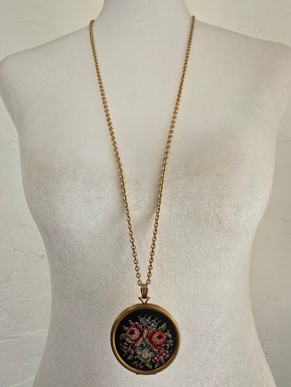 Vintage Avon Gold-Tone Floral Embroidered Pendant Necklace
